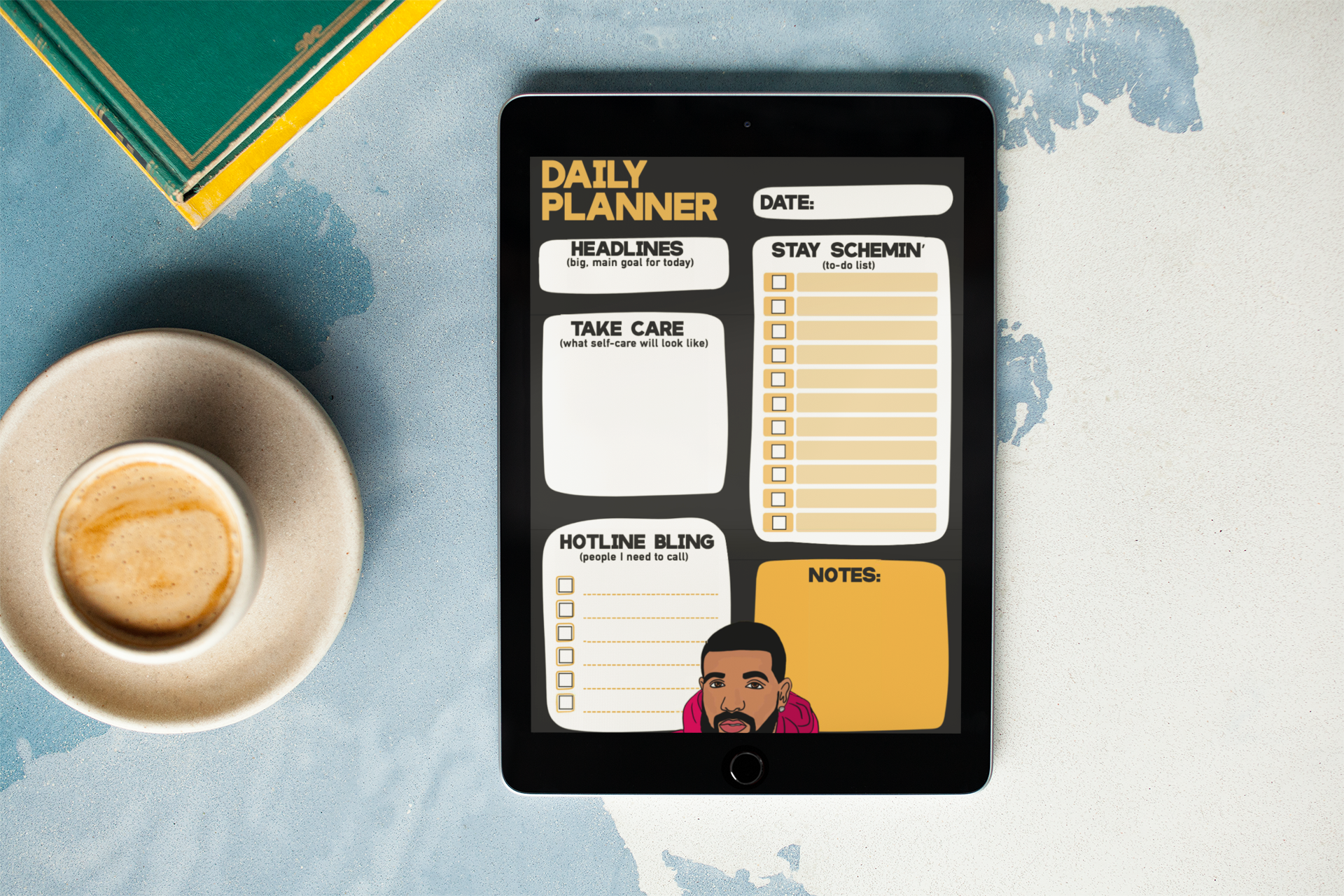 Drake-inspired Digital Daily Planner | Printable | Self-Care Daily Planner | Boost Productivity | Easy to Use